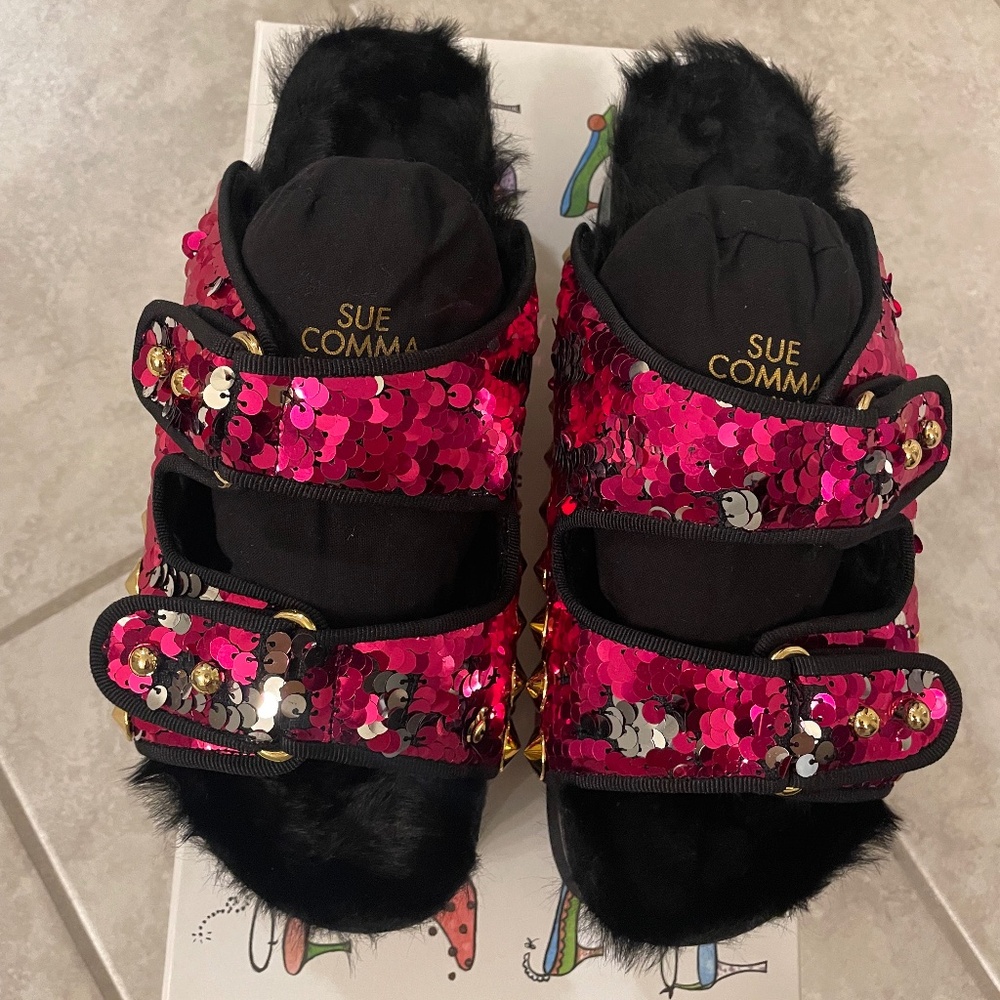SUECOMMA BONNIE SCB Collection Pink/Silver Sequin Faux Fur Slide Size 38